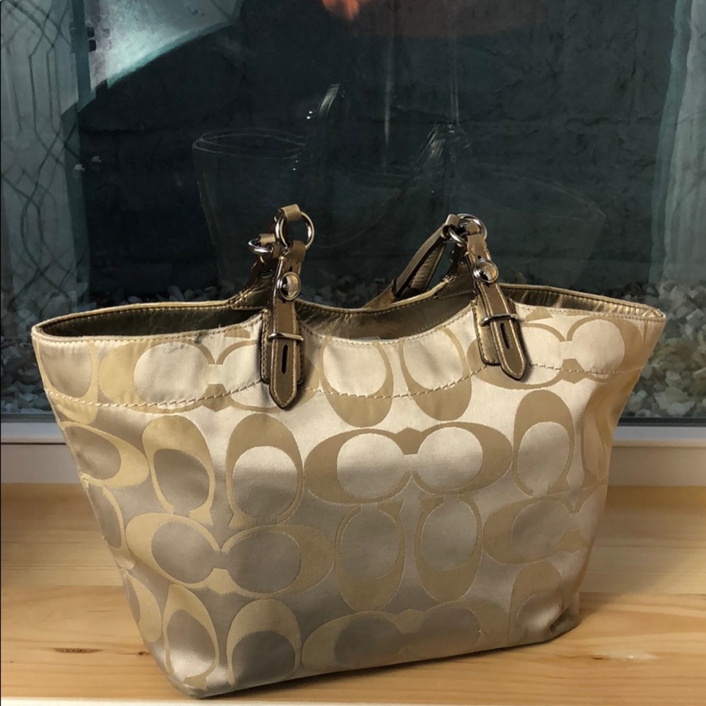 Coach Khaki Tan Sateen Signature Gold Tote Bag